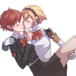 2girls aigis_(persona) android black_jacket black_skirt blonde_hair blush bow bowtie brown_hair carrying closed_eyes closed_mouth collared_shirt couple earphones_removed feet_out_of_frame gekkoukan_high_school_uniform hand_on_another&#039;s_shoulder highres jacket joints kiss kissing_cheek long_sleeves multiple_girls persona persona_3 persona_3_portable princess_carry red_bow red_bowtie robot_ears robot_joints school_uniform shiomi_kotone shirt short_hair skirt smile tbjj1208 upper_body white_background white_shirt yuri