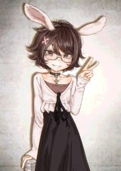 1girl animal_ears black_choker black_ribbon black_skirt brown_hair can choker cross cross_necklace glasses hair_ribbon highres holding holding_can indie_virtual_youtuber jewelry long_sleeves massimory mishapyon_(vtuber) necklace rabbit_ears ribbon skirt smile solo v virtual_youtuber