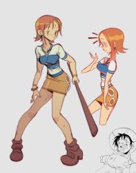 1boy 1girl bangle black_hair blue_shirt boots bracelet breasts brown_eyes brown_footwear club_(weapon) earrings eating full_body grey_background hat highres holding holding_club holding_weapon jewelry medium_breasts miniskirt monkey_d._luffy nami_(one_piece) nami_(one_piece)_(east_blue) one_piece orange_hair orange_skirt shirt short_hair short_sleeves side_slit skirt straw_hat striped_clothes striped_shirt sweatdrop tuckeryart weapon white_shirt