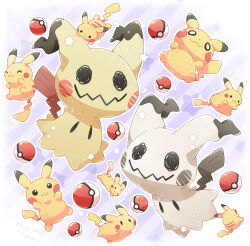 Rule 34 | alternate color, character doll, commentary request, doll, gen 1 pokemon, gen 7 pokemon, highres, looking at viewer, mimikyu, mugita konomi, nintendo, no humans, outline, pikachu, poke ball, poke ball (basic), pokemon, pokemon (creature), shiny and normal, shiny pokemon, signature, solid oval eyes, star (symbol), stitches