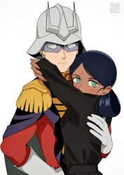 Rule 34 | 1boy, 1girl, arms around neck, black dress, black hair, blonde hair, blush, char aznable, commentary request, dark-skinned female, dark skin, dress, epaulettes, eye mask, gloves, green eyes, gundam, gundam gquuuuuux, hair bun, helmet, hetero, high collar, highres, hug, jacket, long sleeves, looking at viewer, military jacket, military uniform, red jacket, short hair, simple background, smile, upper body, white background, yy shibata