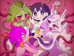 Rule 34 | black eyes, black hair, blue hair, blush, brown hair, colored skin, green eyes, green skin, hair ornament, highres, kel (omori), looking at viewer, marina (omori), medusa (omori), molly (omori), monster girl, multiple girls, open mouth, pink background, pink hair, pink skin, red eyes, short hair, short sleeves, slime girl, smile, teeth, tentacles, white skin, yellow eyes