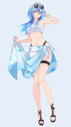1girl :3 absurdres aogiri_koukou armpits bare_arms bikini blue_background blue_hair bracelet breasts criss-cross_halter crossed_bangs eyewear_on_head floating_hair floral_print full_body hair_between_eyes halterneck harusame_urame hibiscus_print highres jewelry long_hair medium_breasts outline print_sarong round_eyewear sarong skindentation solo standing sunglasses swimsuit thigh_strap underboob white_bikini white_outline x_tyf0h9