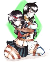 arms_behind_back bdsm belly blush bondage bound bound_arms bound_legs bound_together cloth_gag collarbone gag gagged greenleona highres improvised_gag kill_la_kill kiryuuin_satsuki matoi_ryuuko midriff navel over_the_nose_gag stomach