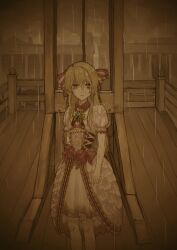 1girl blonde_hair chaos_marie_(grimms_notes) grimms_notes guillotine hair_ribbon long_hair maeda26mm pink_eyes rain ribbon solo