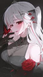1girl akane_lize bare_shoulders black_background black_dress black_gloves blood blood_on_face breasts bug butterfly butterfly_on_hand cleavage closed_mouth cross cross_necklace dress dress_flower earrings fang feather_boa flower gloves grey_eyes grey_hair hair_ornament hairclip highres huhi_(huhi_1211) insect jewelry long_hair looking_at_viewer mole mole_under_eye multicolored_hair necklace red_butterfly red_flower red_hair simple_background solo stellive streaked_hair tiara upper_body virtual_youtuber