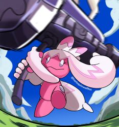 Rule 34 | 1girl, absurdres, artist name, blue sky, cloud, cloudy sky, colored skin, hammer, harlequinwaffles, highres, holding, holding hammer, holding weapon, monster girl, nintendo, no humans, pink hair, pink skin, pokemon, pokemon (creature), sky, tinkaton, twintails, twitter username, weapon