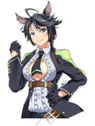 1girl ahoge animal_ears asymmetrical_hair black_hair black_necktie blue_eyes breasts center_frills center_opening closed_mouth collared_shirt cropped_torso ear_ornament frilled_shirt frills fuji_kiseki_(umamusume) gloves hand_on_own_hip hand_up highres horse_ears jacket jewelry kon&#039;iro_(godzilla0725) long_sleeves looking_at_viewer multicolored_hair necktie no_bra open_clothes open_jacket shirt short_hair simple_background smile solo two-tone_hair umamusume underbust upper_body white_hair white_shirt wing_collar