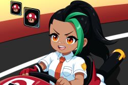 1girl absurdres black_hair collared_shirt crossover freckles go-kart green_hair highres mario_(series) mario_kart multicolored_hair naranja_academy_school_uniform necktie nemona_(pokemon) nintendo orange_eyes orange_necktie pokemon pokemon_sv school_uniform shirt signature solo steering_wheel su1zide super_mushroom two-tone_hair white_shirt