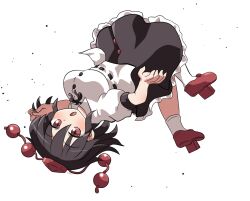 1girl :o arm_up black_hair black_ribbon black_skirt blush breasts buttons collared_shirt commentary_request frilled_skirt frills full_body geta hair_between_eyes hat looking_at_viewer medium_breasts neck_ribbon open_mouth pom_pom_(clothes) puffy_short_sleeves puffy_sleeves red_eyes red_footwear red_hat ribbon rokugou_daisuke shameimaru_aya shirt short_hair short_sleeves signature skirt socks solo tengu-geta tokin_hat touhou upside-down white_shirt white_socks