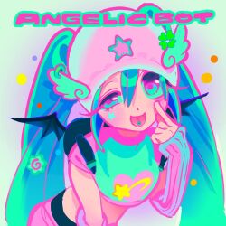 1girl akanbe arm_warmers blue_eyes blue_hair blue_shirt clover crop_top english_text eyelid_pull four-leaf_clover hair_between_eyes hat hatsune_miku heart heart_print long_hair pink_hat shirt shooting_star_(symbol) short_sleeves single_arm_warmer solo tongue tongue_out twintails very_long_hair vivinos vocaloid wing_hat_ornament