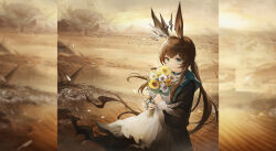 1girl amiya_(arknights) animal_ears arknights black_dress bouquet brown_hair closed_mouth dress flower highres holding holding_bouquet jiaowohuangdaoa long_hair long_sleeves looking_at_viewer outdoors rabbit_ears smile solo