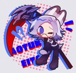Rule 34 | !?, .. (2043780331), 1boy, ;&lt;, animal ears, aotsuki eito, armband, belt, black boots, black jacket, blue eyes, blush stickers, boots, character name, closed mouth, deformed, film grain, glasses, gloves, grey gloves, grey hair, highres, holding, holding scythe, holding weapon, jacket, kemonomimi mode, male focus, medium hair, notice lines, one eye closed, rabbit boy, rabbit ears, rabbit tail, scythe, semi-rimless eyewear, solo, tail, the hundred line -last defense academy-, weapon, white armband, white belt