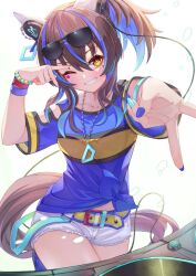 1girl animal_ears bead_bracelet beads belt blue_shirt blush bracelet commentary_request cowboy_shot daitaku_helios_(umamusume) double_v ear_covers ear_piercing eyewear_on_head facial_tattoo gyaru_v hair_between_eyes hair_ornament hairclip headphones horse_ears horse_girl horse_tail iam_(tetsu0ekaki) jewelry midriff_peek phonograph piercing shirt short_sleeves shorts side_ponytail simple_background smile solo sunglasses tail tattoo turntable umamusume v white_background white_shorts yellow_belt yellow_eyes