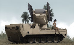 1girl artist_name bikini black_hair boots breasts brown_boots camouflage camouflage_shorts caterpillar_tracks cleavage dated dead-robot grass looking_at_viewer military military_vehicle mim-72_chaparral missile missile_pod original outdoors palm_tree short_hair shorts sitting solo swimsuit tree twitter_username vehicle_focus watermark white_bikini