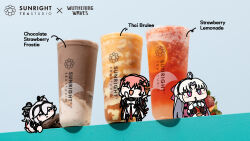 Rule 34 | 3girls, ahoge, aqua eyes, black flower, black jacket, blake bloom (wuthering waves), camellya (wuthering waves), carlotta (wuthering waves), changli (wuthering waves), closed eyes, commentary, cup, disposable cup, dress, drinking straw, drinking straw in mouth, english commentary, english text, flower, hair flower, hair ornament, highres, holding, holding cup, jacket, logo, long hair, multicolored eyes, multiple girls, official art, open mouth, parted bangs, pink eyes, pink hair, pink jacket, second-party source, seseren, short hair, smile, two-tone eyes, white dress, white hair, wuthering waves