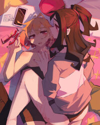 2girls absurdres black_hair black_nails black_panties blonde_hair glasses highres multicolored_hair multiple_girls open_mouth original panties phone pink_eyes pink_nails ponytail short_hair skin_stretch_marks striped_clothes striped_sweater sweater togekk0 two-tone_sweater underwear yuri