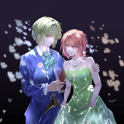 1boy 1girl absurdres artist_name ascot black_background breasts bug butterfly cleavage double-parted_bangs dress eiyuu_densetsu flower_on_chest green_dress green_hair hair_between_eyes hairband hajimari_no_kiseki highres insect jewelry necklace noel_seeker orange_hair short_hair simple_background sleeveless sleeveless_dress wazy_hemisphere wet wet_clothes wet_hair white_hairband yingkongji1