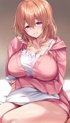 1girl aged_up breasts brown_hair collarbone commentary_request gochuumon_wa_usagi_desu_ka? hand_up highres hoto_cocoa ks_(xephyrks) large_breasts long_sleeves looking_at_viewer medium_hair parted_lips pillow purple_eyes sitting smile solo thighs