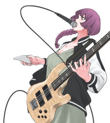 1girl absurdres bachi bass_guitar bocchi_the_rock! braid dress highres hiroi_kikuri instrument jacket letterman_jacket long_dress long_hair microphone mouth_hold plectrum purple_eyes purple_hair skrmtl solo white_background yamaha_trb