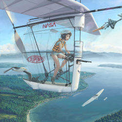1girl attack_aircraft baguette bicycle_helmet bird bread breasts cloud commentary day dupont evokid female_focus flying food full_body gossamer_albatross gun headset helmet lake landscape legs logo machine_gun nasa nasa_logo original refueling scenery seagull shorts sky small_breasts solo vest water weapon