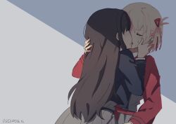 Rule 34 | 2girls, absurdres, black dress, black hair, blonde hair, blush, closed eyes, commentary, commission, dress, english commentary, french kiss, hair ribbon, hand in another&#039;s hair, hand on another&#039;s face, highres, ini yoy, inoue takina, kiss, long hair, lycoris recoil, lycoris uniform, multiple girls, nishikigi chisato, red dress, red ribbon, ribbon, second-party source, short hair, sweat, tongue, tongue out, yuri