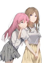 2girls bang_dream! bang_dream!_it&#039;s_mygo!!!!! blue_eyes blush brown_hair brown_skirt chihaya_anon chinese_commentary closed_mouth commentary dkl_(dinosaurkl2) dress fang grey_eyes hair_between_eyes head_on_another&#039;s_shoulder highres jewelry long_hair multiple_girls nagasaki_soyo necklace one_eye_closed pinafore_dress pink_hair plaid_clothes plaid_dress pleated_dress shirt sidelocks simple_background skin_fang skirt sleeveless sleeveless_dress white_background white_shirt