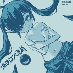 Rule 34 | 1girl, ahoge, backbeako (torotei), backbeard, blue background, blue theme, blush, closed mouth, commentary request, covering breasts, covering privates, dated, dated commentary, dutch angle, gegege no kitarou, hair over one eye, half-closed eye, kono lolicon domome, long hair, looking at viewer, male swimwear, male swimwear challenge, monochrome, navel, one eye closed, original, paid reward available, petite, pointy ears, simple background, solo, sweatdrop, swim trunks, topless female, torotei, translated, twintails, watermark, web address