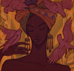 1girl airam_oon bird black_hair close-up closed_eyes closed_mouth dark_skin earrings headwrap highres jewelry multiple_rings original pigeon ring smile solo
