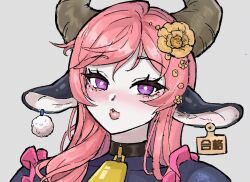 1girl animal_ears bad_tag bell blush collar cow_ears cowbell ear_tag flower grey_background hair_flower hair_ornament highres horns long_hair looking_at_viewer neck_bell open_mouth original pink_hair portrait purple_eyes simple_background solo tiyuanpoli