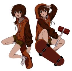 Rule 34 | 1boy, brown eyes, brown hair, debakshotgun0, fang, green shorts, gwak jun-hyeong, highres, holding, hood, hood up, hoodie, jacket, long sleeves, looking at viewer, multiple views, open mouth, orange jacket, shirt, shoes, short hair, shorts, simple background, skateboard, smile, sneakers, socks, tongue, tongue out, white background, white shirt, zombie high school