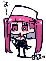 1girl 2025 :o black_dress bleach blush breasts chibi dated dokugamine_riruka dress fingernails full_body hanya_(hanya_yashiki) hat heart long_hair looking_at_viewer lying nail_polish on_side pink_eyes pink_hair shiny_skin simple_background solo spoken_heart tsundere twintails very_long_hair white_background