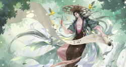 Rule 34 | 1boy, animal, animal on head, asian, beard, bird, bird on head, black eyes, black hair, black hanfu, brown hat, calligraphy brush, character request, chinese clothes, day, dutch angle, facial hair, falling leaves, feet out of frame, floating clothes, floating hair, floral print, flower, forehead, forest, goatee, green robe, hair ribbon, hanfu, hat, highres, holding, holding calligraphy brush, holding paintbrush, holding scroll, leaf, long beard, long hair, long sleeves, looking at object, low-tied long hair, male focus, mustache, nature, on head, outdoors, paintbrush, puffy long sleeves, puffy sleeves, ribbon, robe, scroll, sleeves rolled up, solo, straw hat, thick eyebrows, very long hair, wang chuan feng hua lu, watermark, weibo watermark, white ribbon, writing, ye dian pikaqiu, yellow bird, yellow flower