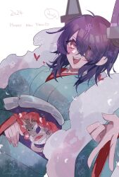 1girl 2024 alternate_costume aqua_kimono dragon_print eyepatch fur_scarf gyaru_v happy_new_year highres japanese_clothes kantai_collection kimono mizoredama1 new_year open_mouth purple_hair red_eyes short_hair smile solo teeth tenryuu_(kancolle) upper_teeth_only v white_background