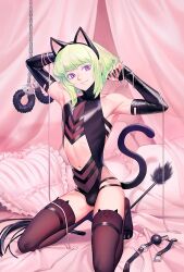 1boy animal_ear_hairband animal_ears arm_behind_head armpits ball_gag bare_shoulders bdsm bed_sheet black_leotard black_nails black_sleeves black_tail black_thighhighs bondage bound bulge cat_ear_hairband cat_ears cat_tail closed_mouth clothing_cutout crossdressing curtains detached_sleeves fake_animal_ears fingernails full_body fuzzy_handcuffs gag green_hair hairband heart heart-shaped_pillow heattech_leotard kneeling leotard light_smile lio_fotia long_fingernails looking_at_viewer male_focus midriff nail_polish navel pillow promare purple_eyes sharp_fingernails short_hair solo solthrys stomach_cutout tail thighhighs trap turtleneck