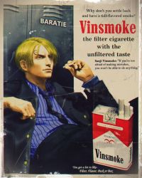 1boy absurdres ad blonde_hair blue_necktie brand_name_imitation character_name cigarette commentary english_commentary english_text fake_ad highres holding holding_cigarette male_focus marlboro necktie one_piece parody sanji_(one_piece) smoking solo vinutun