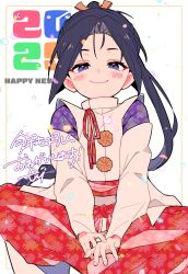 1boy 2025 black_hair blush border butterfly_sitting confetti curtained_hair feet_out_of_frame floating_hair fuji_(f_ukkami) hakama hakama_pants half-closed_eyes hands_on_lap happy_new_year highres houjou_tokiyuki_(nige_jouzu_no_wakagimi) inset_border japanese_clothes kariginu long_hair long_sleeves looking_at_viewer low-tied_long_hair male_focus motoyui new_year nige_jouzu_no_wakagimi pants parted_bangs ponytail purple_eyes red_hakama sidelocks_tied_back simple_background sitting smile solo unmoving_pattern very_long_hair white_background wide_sleeves yellow_border