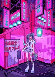 1girl blunt_bangs bow braid cable dress drink floral_print frilled_dress frilled_skirt frilled_socks frills grey_hair hair_bow head_tilt highres holding holding_drink holding_suitcase lamppost nakazawa_ayami neon_lights neon_palette original pink_bow pink_eyes pink_ribbon ramune red_ribbon ribbon side_braid skirt sleeveless sleeveless_dress socks stool suitcase twintails white_dress white_footwear white_socks