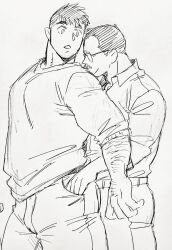 Rule 34 | 2boys, arm hair, bara, billy russell (dickfish), couple, denim, dickfish (fishismdick), facial hair, feet out of frame, from side, graphite (medium), half-closed eyes, hand in another&#039;s pocket, highres, jeans, john rottweil (dickfish), large pectorals, male focus, mature male, multiple boys, muscular, muscular male, mustache, original, pants, pectorals, raised eyebrows, shirt, short hair, sideburns, sketch, standing, t-shirt, thick eyebrows, traditional media, yaoi