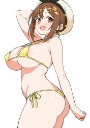 Rule 34 | :d, atelier (series), atelier ryza, atelier ryza 1, bikini, breasts, brown eyes, ecgg (tsuji418477), hat, highres, large breasts, open mouth, reisalin stout, short hair, simple background, smile, swimsuit, white background, white hat, yellow bikini