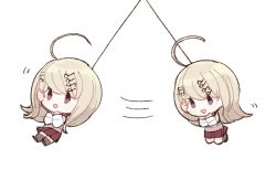 1girl ahoge akamatsu_kaede blonde_hair blouse danganronpa_(series) danganronpa_v3:_killing_harmony fc female_focus fortissimo hair_ornament hairclip kneehighs miniskirt musical_note musical_note_hair_ornament open_mouth purple_eyes school_uniform shirt shoes simple_background skirt socks solo spoilers strangling sweater sweater_vest white_background white_shirt