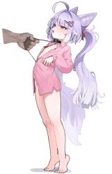 1girl ahoge blush cone_hair_bun flat_chest fox_girl fox_tail hair_bun hair_ornament heart heart_hair_ornament heterochromia purple_hair purple_tail sangobob simple_background stellive tail tenko_shibuki twintails virtual_youtuber white_background yellow_eyes