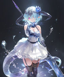 1girl aqua_hair armor bare_shoulders beckoning belt black_thighhighs blue_hair boots breasts cleavage commentary_request cygames diffraction_spikes dragon_girl dragon_tail dress elbow_gloves flower frills garter_straps gauntlets gloves granblue_fantasy greaves hair_flower hair_ornament hair_over_one_eye holding holding_weapon horns light_particles looking_at_viewer medium_breasts medium_hair outstretched_hand pink_eyes pointy_ears polearm ponzu_(catponz) reaching reaching_towards_viewer shadowverse simple_background skirt solo sparkle standing tail thighhighs water weapon white_dress whitefrost_dragonewt_filene