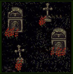 border cross dark dithering fantasy flower goth_fashion grass grave graveyard lilian_duleroux no_humans original pc-98_(style) pixel_art rocket_launcher rpg_(weapon) tombstone victorian video_game weapon