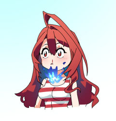 1girl ahoge blood blue_fire blush breasts commentary elizabeth_rose_bloodflame english_commentary fire fire_on_chest hololive hololive_english huge_ahoge joeboto large_breasts long_hair nosebleed one-piece_swimsuit open_mouth red_eyes red_hair solo swimsuit very_long_hair virtual_youtuber