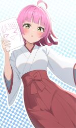 &gt;_&lt; 1girl ahoge blue_background blunt_bangs blunt_ends blush bow breasts checkered_background commentary_request daito_(daitooekakiaka) eyelashes hakama hand_up highres holding holding_paper japanese_clothes kimono long_sleeves looking_at_viewer love_live! love_live!_nijigasaki_high_school_idol_club medium_hair miko paper parted_lips pink_hair red_bow red_hakama rina-chan_board sidelocks small_breasts solo tennoji_rina white_kimono yellow_eyes