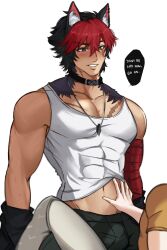 abs ajihneko animal_ears black_hair blush bulge collar dog_boy dog_ears hand_on_another&#039;s_stomach highres jewelry komano_manato muscular muscular_male navel necklace red_eyes red_hair scar scar_on_chest scar_on_face toned toned_male wise_(zenless_zone_zero) yaoi zenless_zone_zero