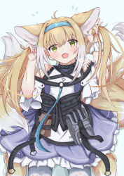 1girl absurdres animal_ears arknights blonde_hair blue_hairband chiika29898041 commentary dress fang fox_ears fox_girl fox_tail green_eyes hairband highres infection_monitor_(arknights) kitsune kyuubi long_hair looking_at_viewer material_growth multiple_tails open_mouth oripathy_lesion_(arknights) pantyhose purple_dress simple_background skin_fang solo suzuran_(arknights) tail twintails watermark white_background white_pantyhose