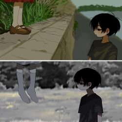 1boy 1girl black_eyes black_hair black_shirt brother_and_sister highres jojo_rabbit kobanzame_omo mari_(faraway)_(omori) mari_(omori) omori pleated_skirt red_skirt shirt short_hair short_sleeves siblings skirt socks spoilers suicide sunny_(omori) t-shirt white_socks