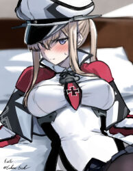 1girl artist_name bed between_breasts black_pantyhose blonde_hair blue_eyes blush breasts capelet closed_mouth commentary_request covered_navel eckert&amp;eich graf_zeppelin_(kancolle) graf_zeppelin_kai_(kancolle) hair_between_eyes hat kantai_collection large_breasts long_hair looking_at_viewer lying military_hat necktie necktie_between_breasts on_back on_bed pantyhose peaked_cap pillow sidelocks solo twitter_username